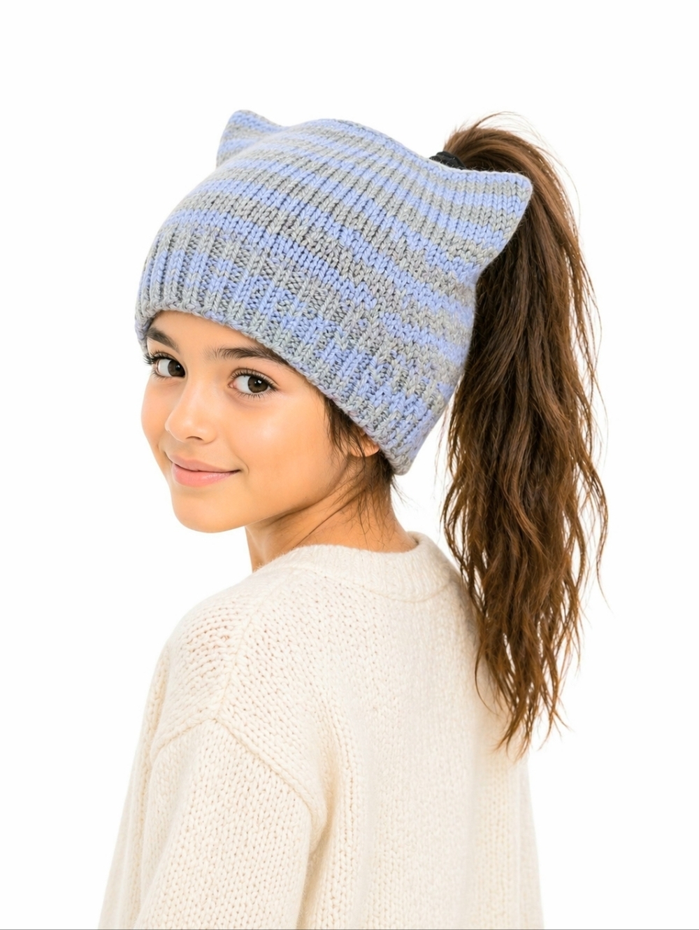 Hand Knit One Of A Kind Cat Ear Ponytail Hat Youth/Adult Grey And Blue Striped